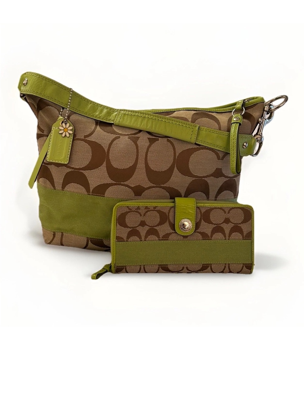 Coach Soho Hobo Bag & Wallet, Brown/Beige Monogram Canvas, Lime Leather Trim